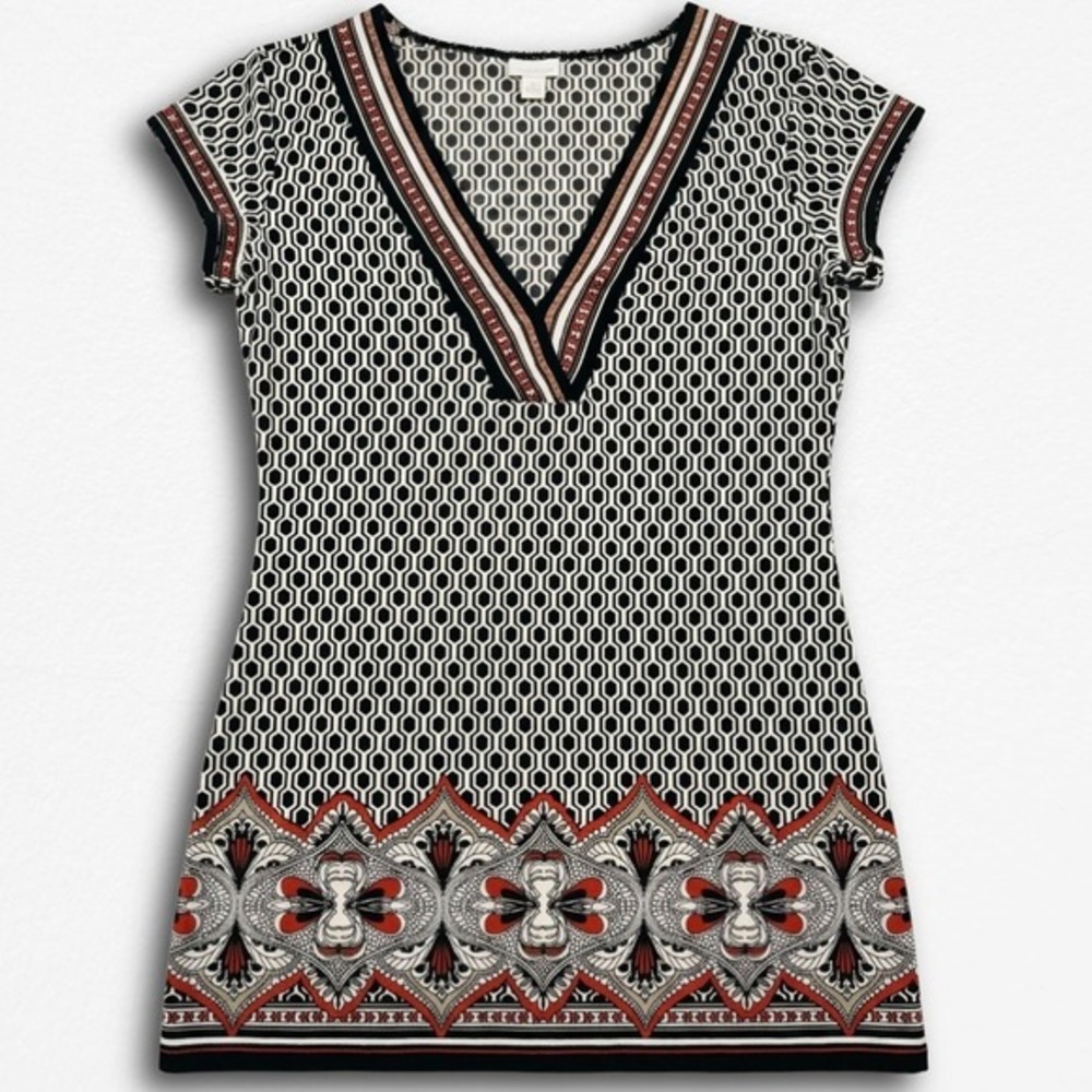 Unbranded‎ Geometric Honeycomb Print V-Neck Tunic Top White Medallion Border